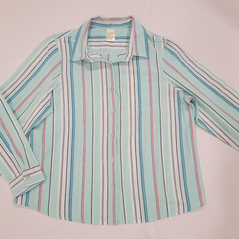 Blair XL Teal Striped 100% Cotton Button Up Shirt